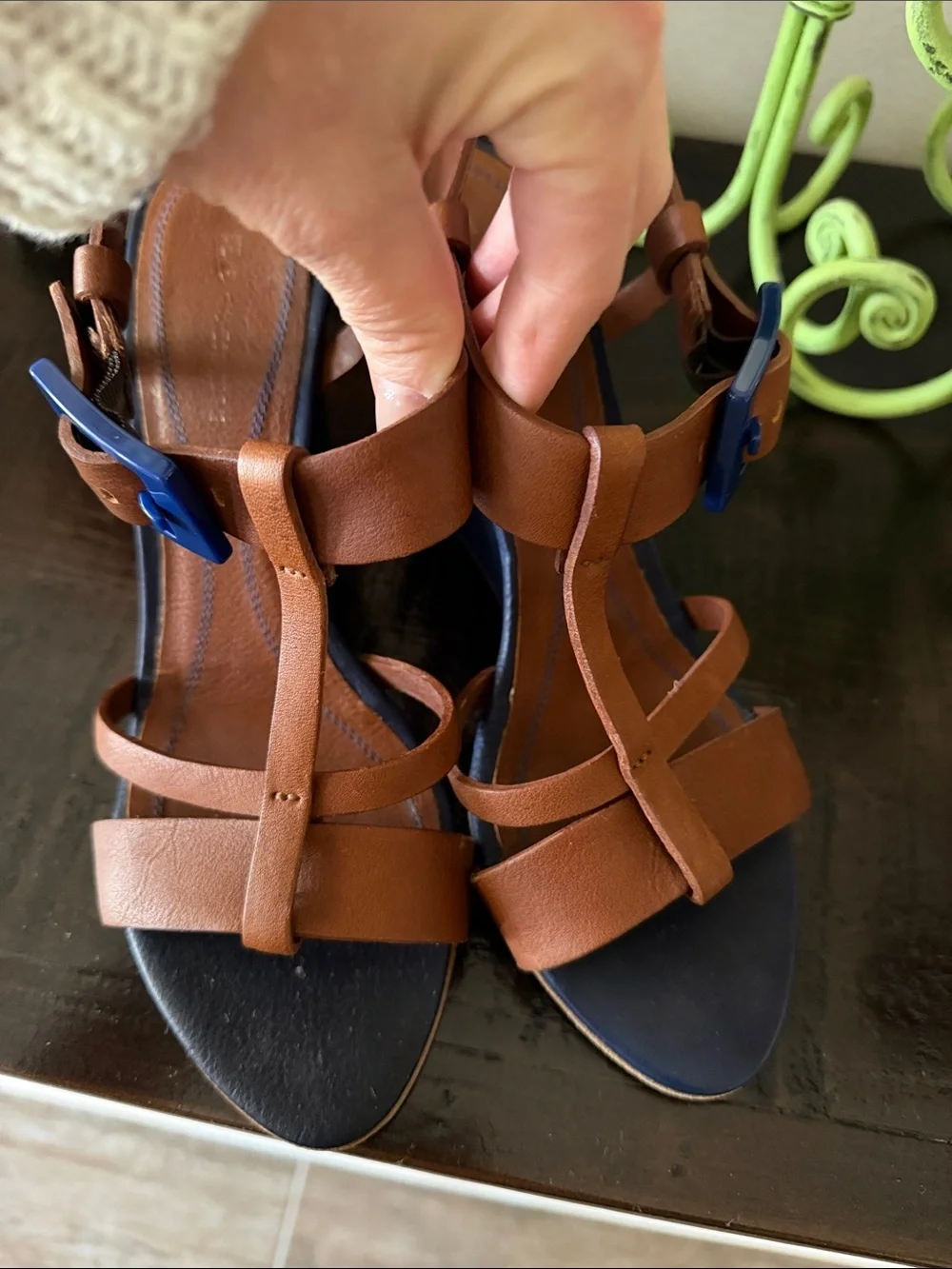 BOSS ORANGE Brown Leather Wedge Sandals with Blue Buckle